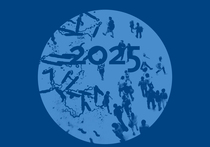 A Crowd walking and microorganisms under a magnifying lens, showing "2025" Source: RKI